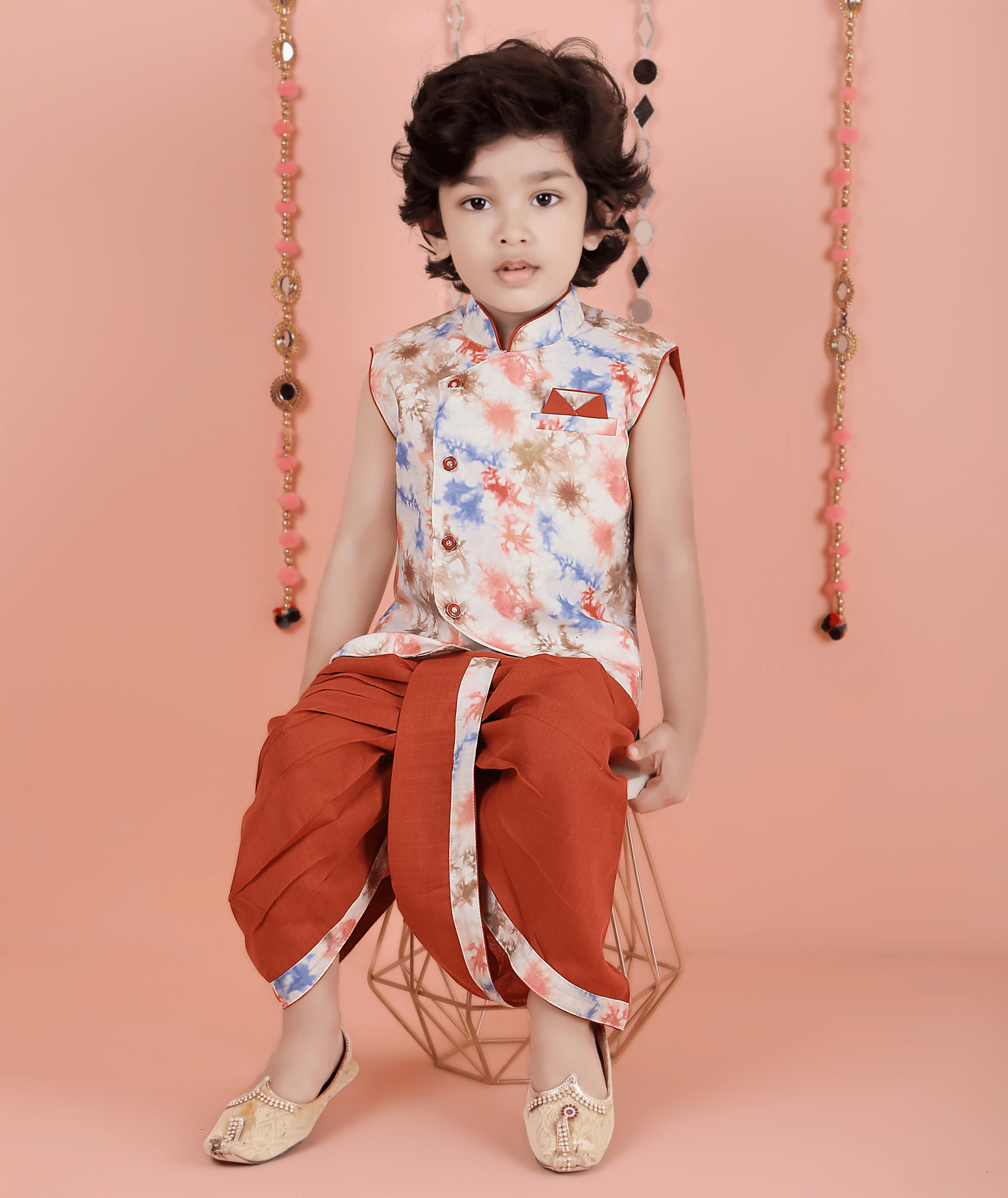 Joban Fashion Kids Island Cotton Sleeveless printed Kurta and Solid Dhoti - Rust - Distacart