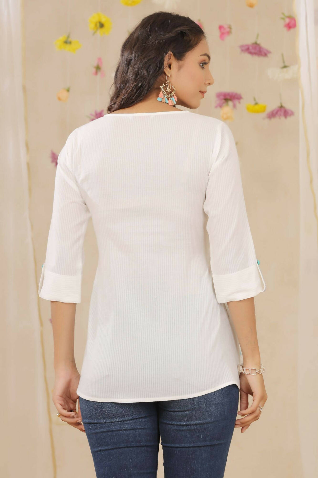 Juniper Women White Cotton Dobby Embroidered A-Line Tunic - Distacart