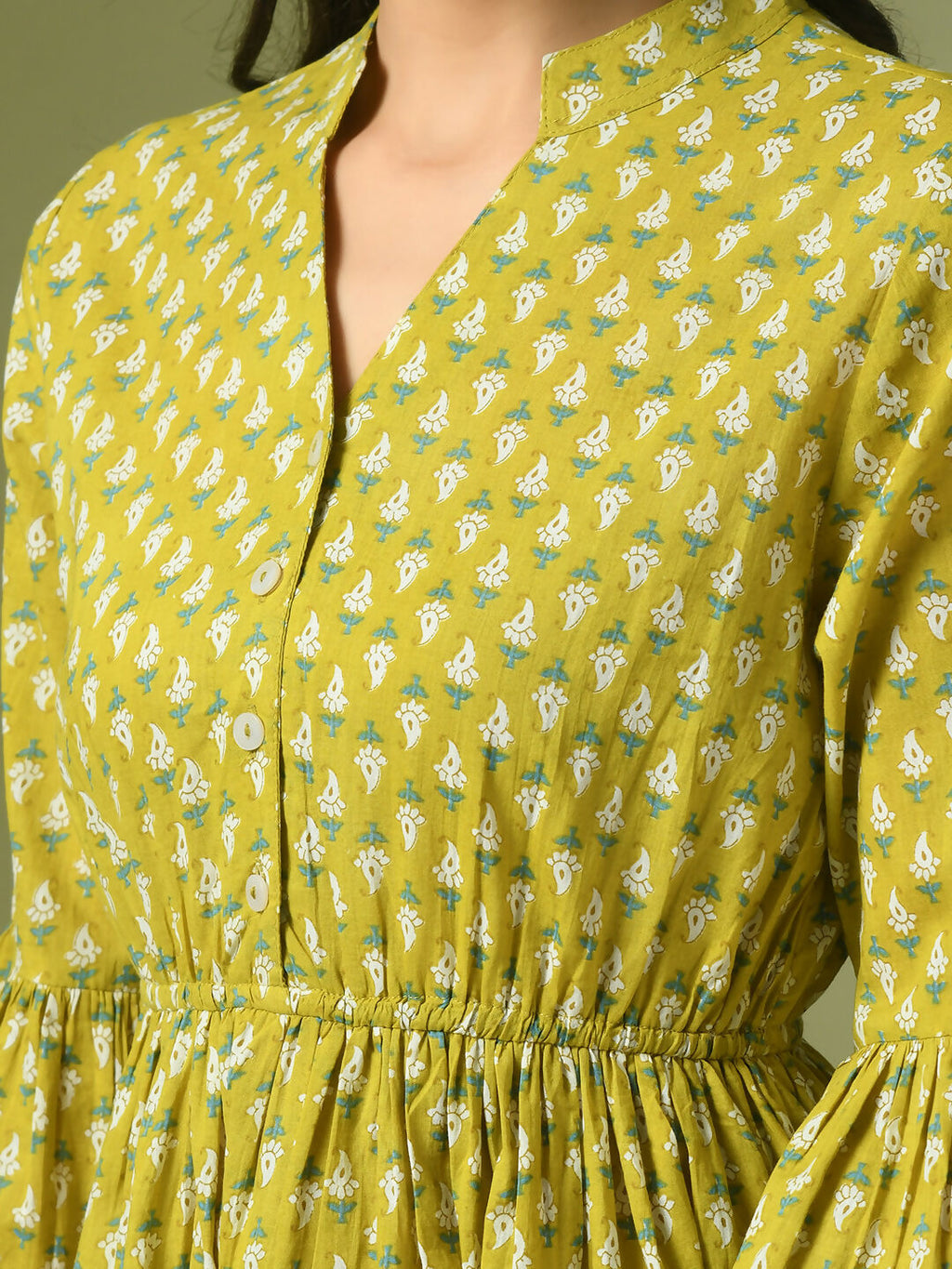 Myshka Women's Yellow Embellished Cotton Gathered Party Empire Top