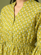 Myshka Women's Yellow Embellished Cotton Gathered Party Empire Top