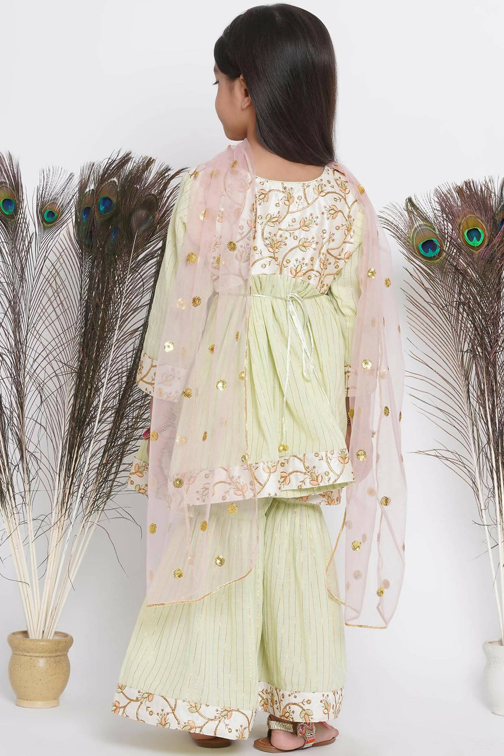 Little Bansi Floral Embroidery Jacket With Cotton Lurex Frock Sharara And Dupatta With Ghungroo Handwork - Bottle Green