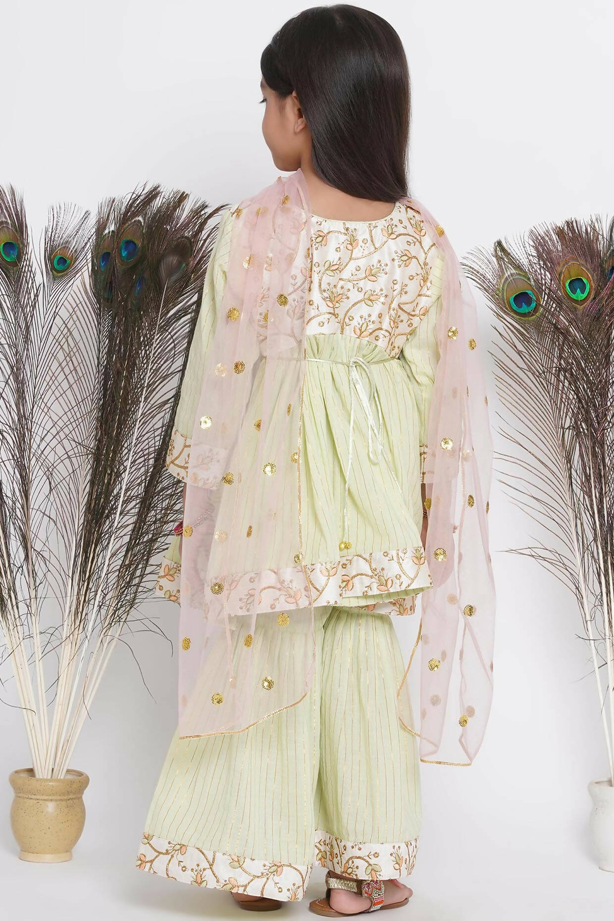 Little Bansi Floral Embroidery Jacket With Cotton Lurex Frock Sharara And Dupatta With Ghungroo Handwork - Bottle Green