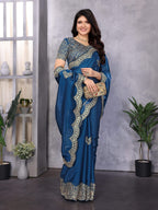 Vastranavya Blue Embroidery Work Shimmer Chiffon Saree with Unstitched Blouse - Distacart