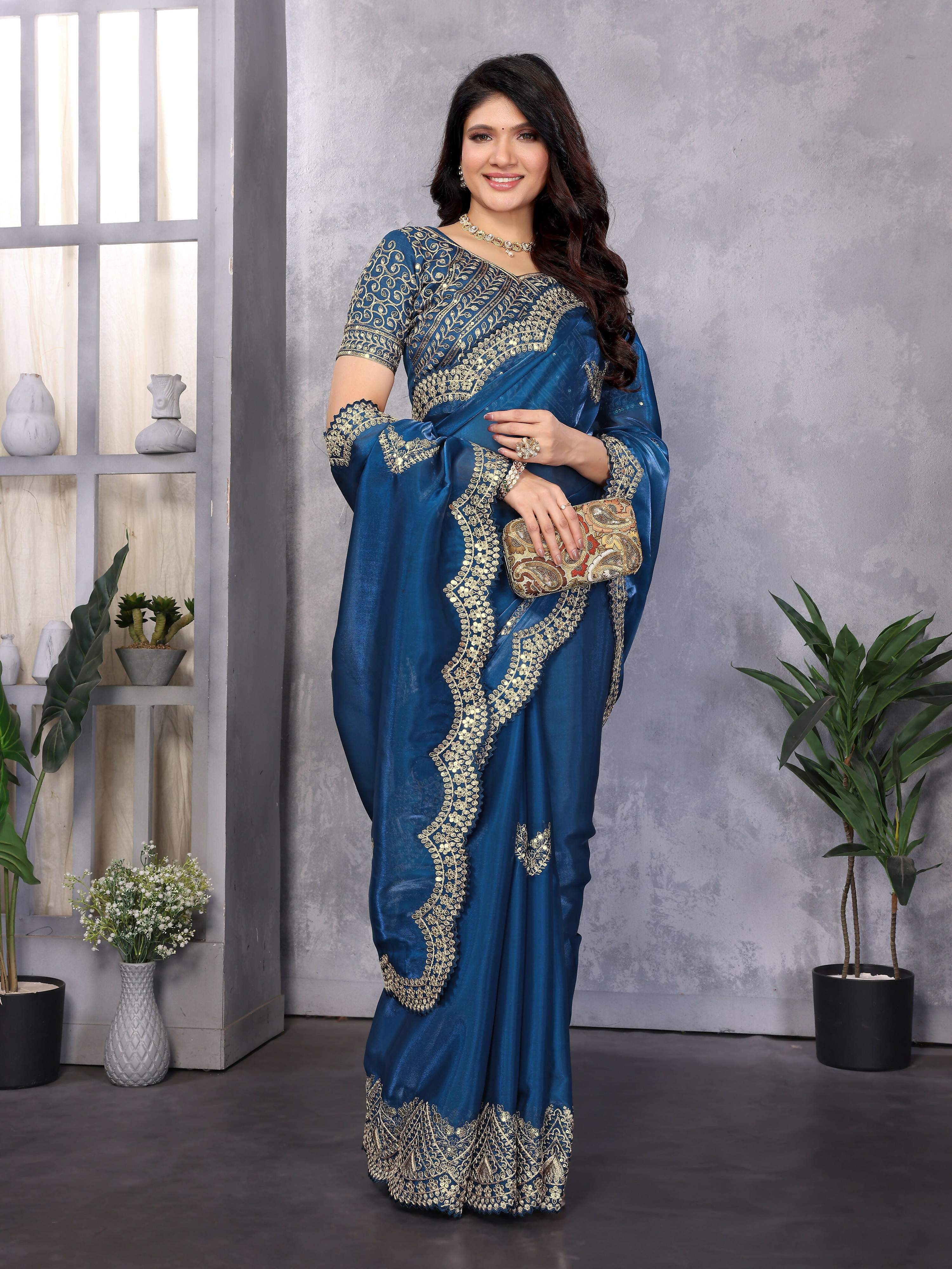 Vastranavya Blue Embroidery Work Shimmer Chiffon Saree with Unstitched Blouse - Distacart