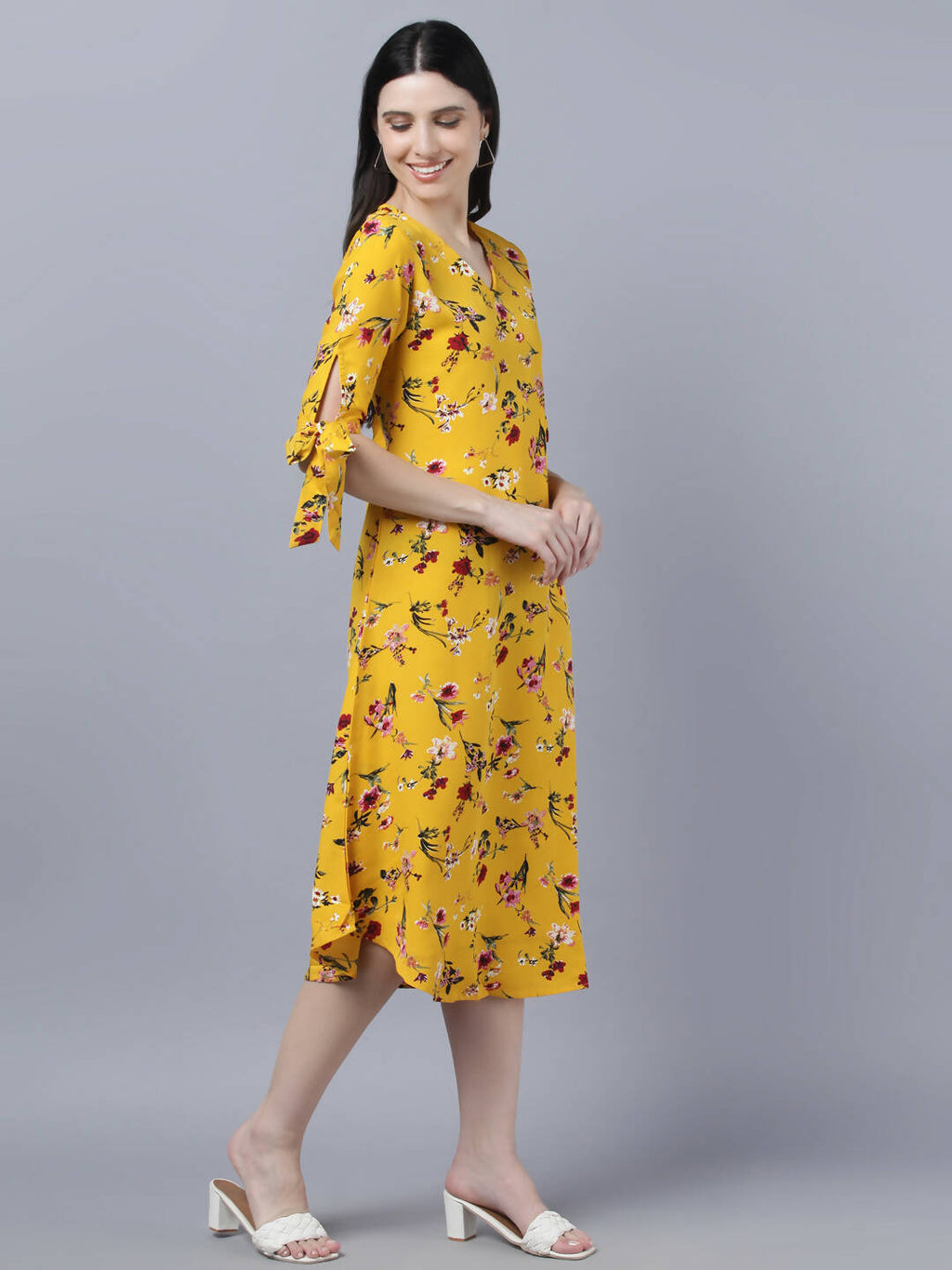 Myshka Women Yellow Floral Printed Flared Sleeves Thread Work Crepe Kurta - Distacart