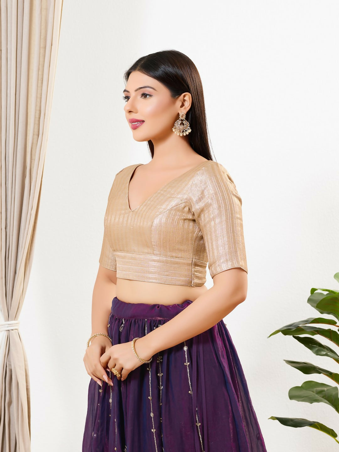 Joban Fashion Antique Gold Brocade Padded Blouse With V Neck Elbow Sleeves - Distacart