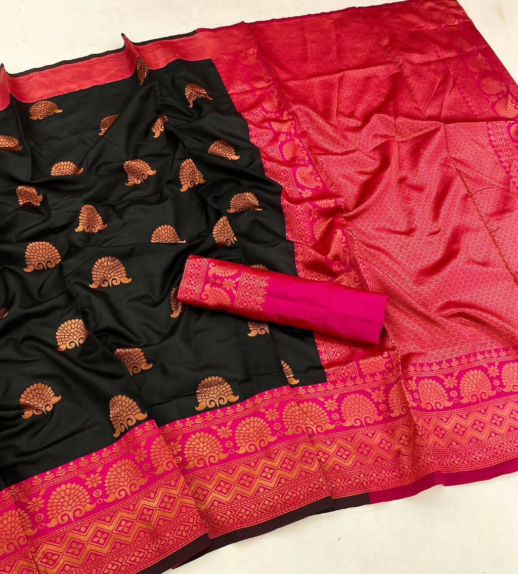 DEIANA'S Beautiful Designer Golden zari Soft Lichi Silk Saree - Black