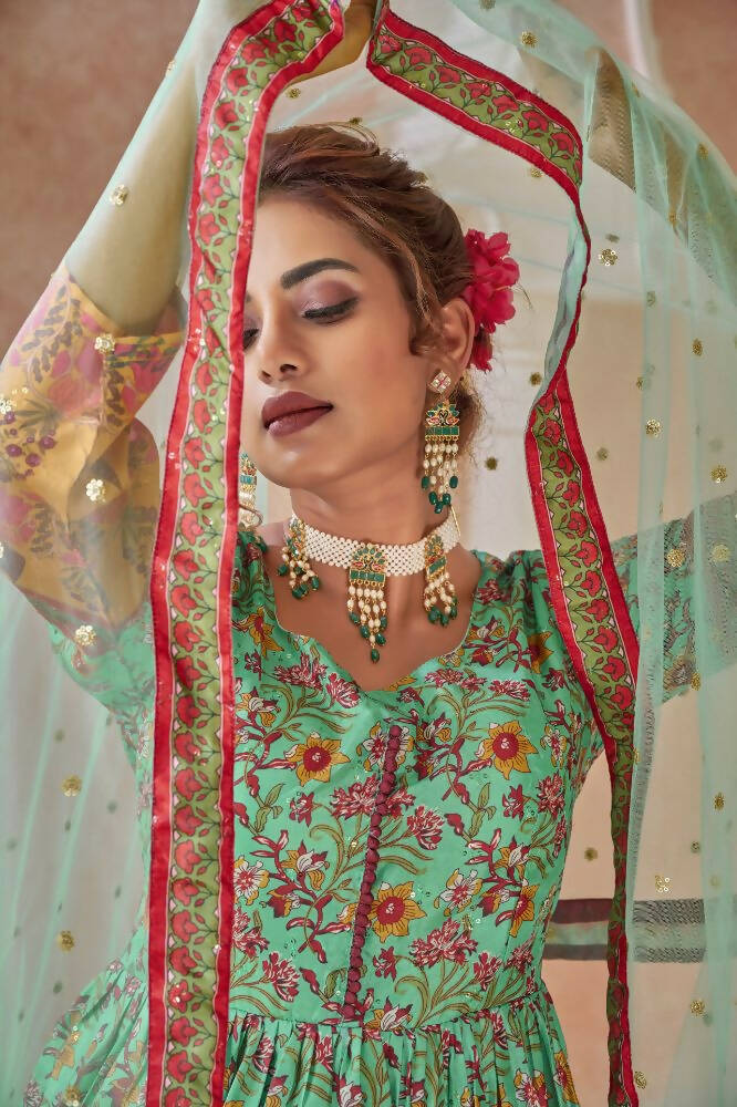 Everywhere Designer Green Dola Silk Gown With Dupatta - Anbazaar - Distacart