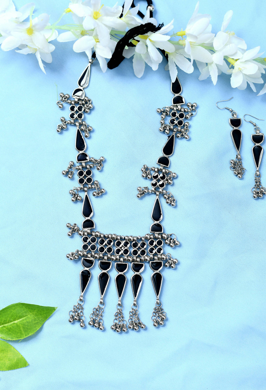 Mominos Fashion Johar Kamal Oxidised Silver-Plated Meenakari Long Necklace Set - Distacart