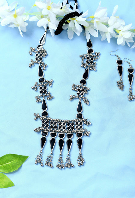 Mominos Fashion Johar Kamal Oxidised Silver-Plated Meenakari Long Necklace Set
