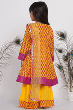 Little Bansi Girls Cotton Kurta frock with booti work,Sharara & Dupatta - Yellow