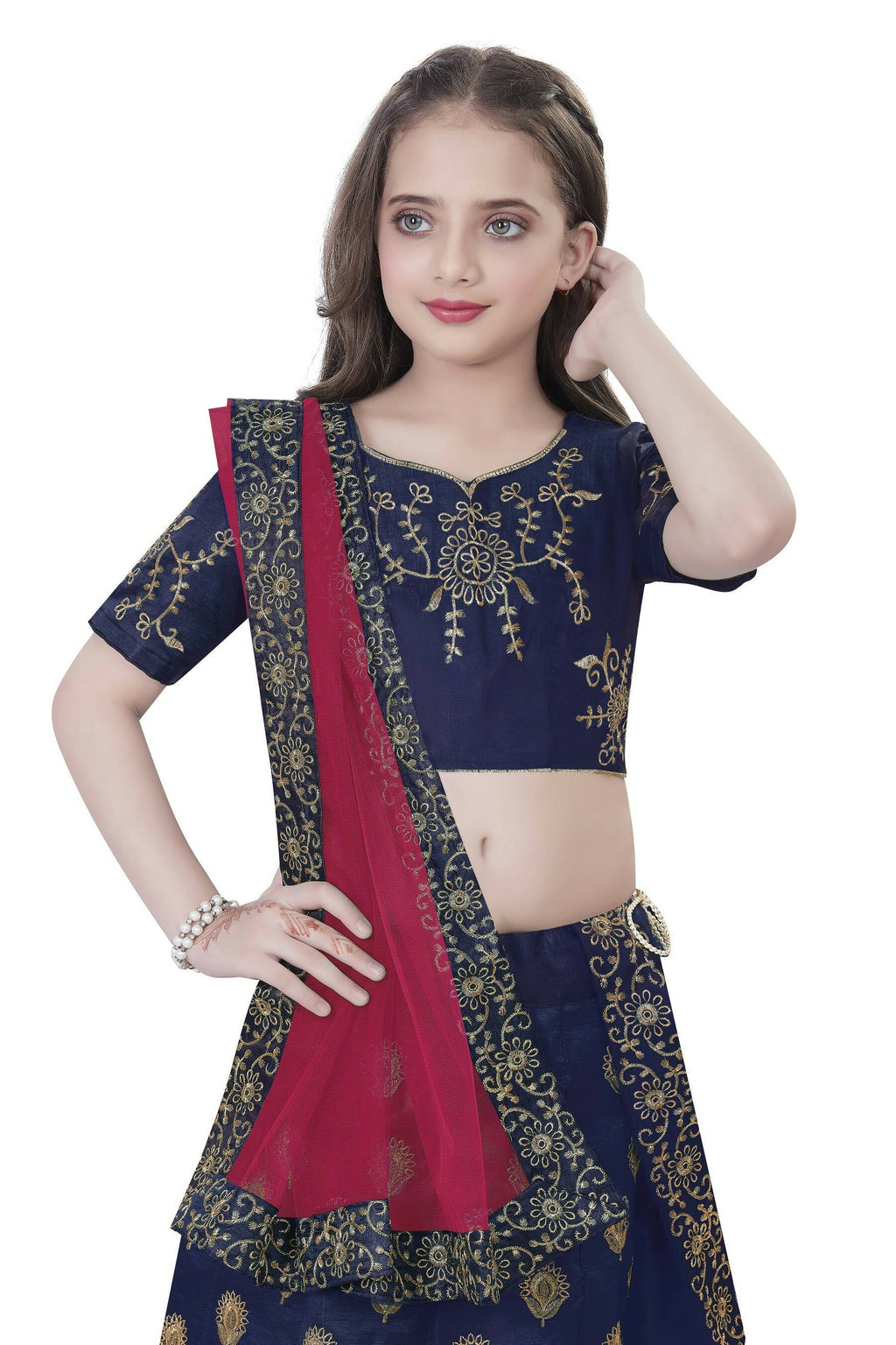 Dwiden Navy Blue Gulab Tafetta Sattin Semi-Stitched Girl's Lehenga Choli