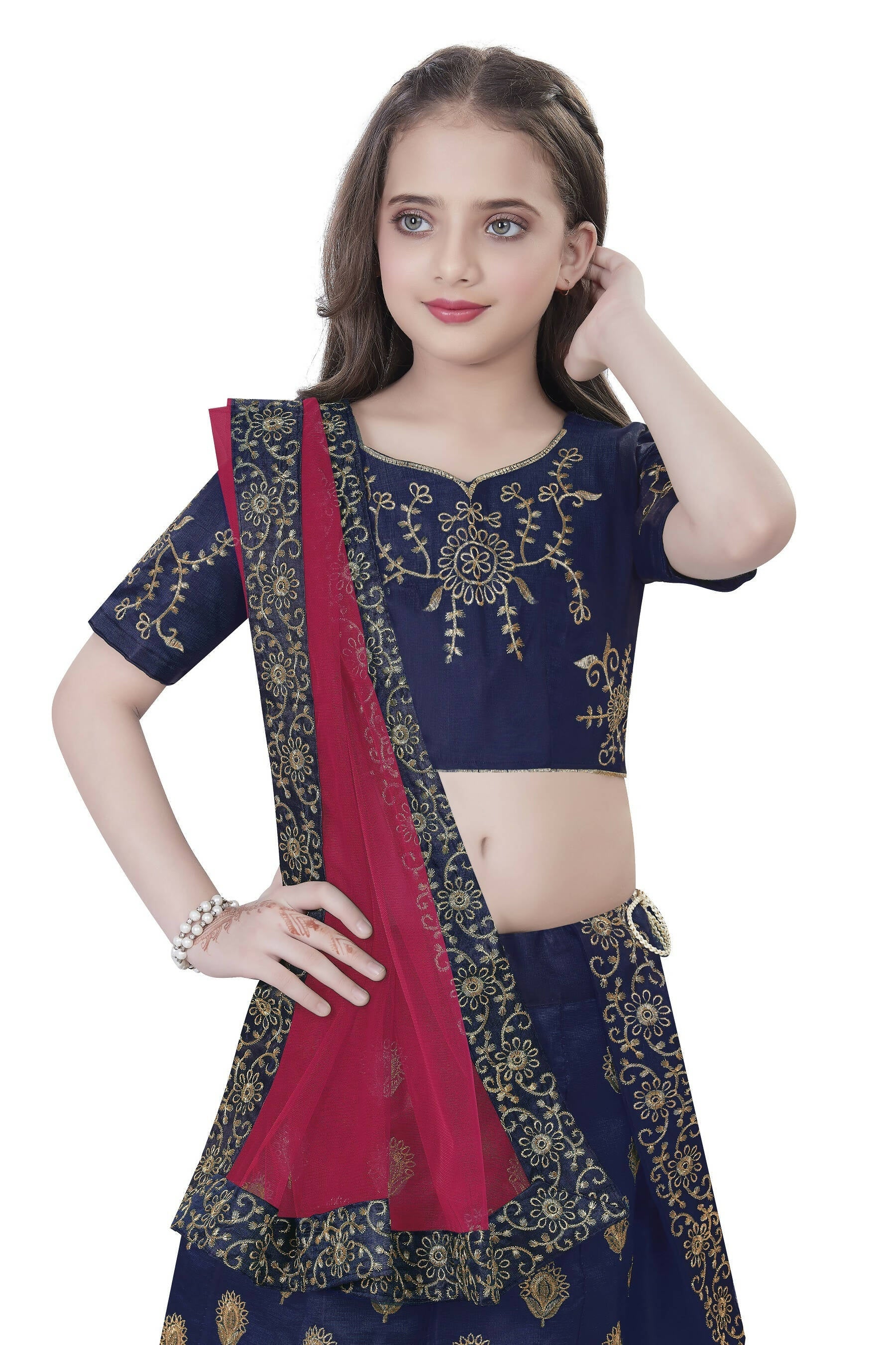 Dwiden Navy Blue Gulab Tafetta Sattin Semi-Stitched Girl's Lehenga Choli