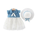 Bold N Elegant Cap Sleeve Denim Embroidered Midi Party Dress Frock with Hat Dress - Floral White