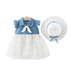 Bold N Elegant Cap Sleeve Denim Embroidered Midi Party Dress Frock with Hat Dress - Floral White