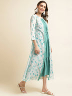 Light Blue Cotton Solid Flared Dress with Printed Shrug - Yukti - Distacart