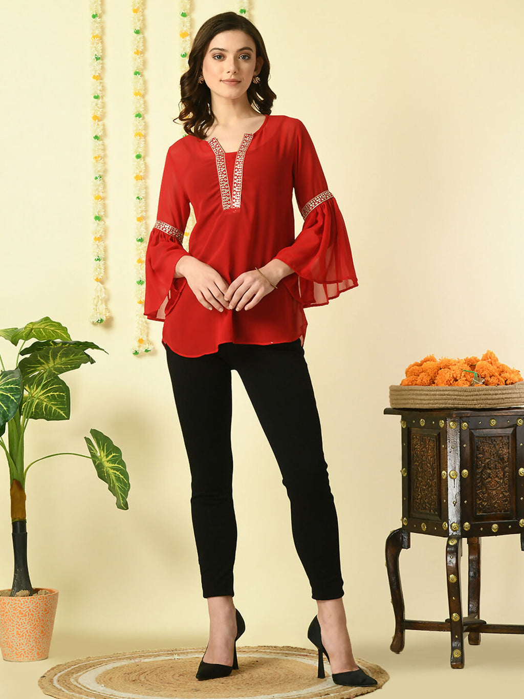 Myshka Women's Red Embroidered Party Fusion Top