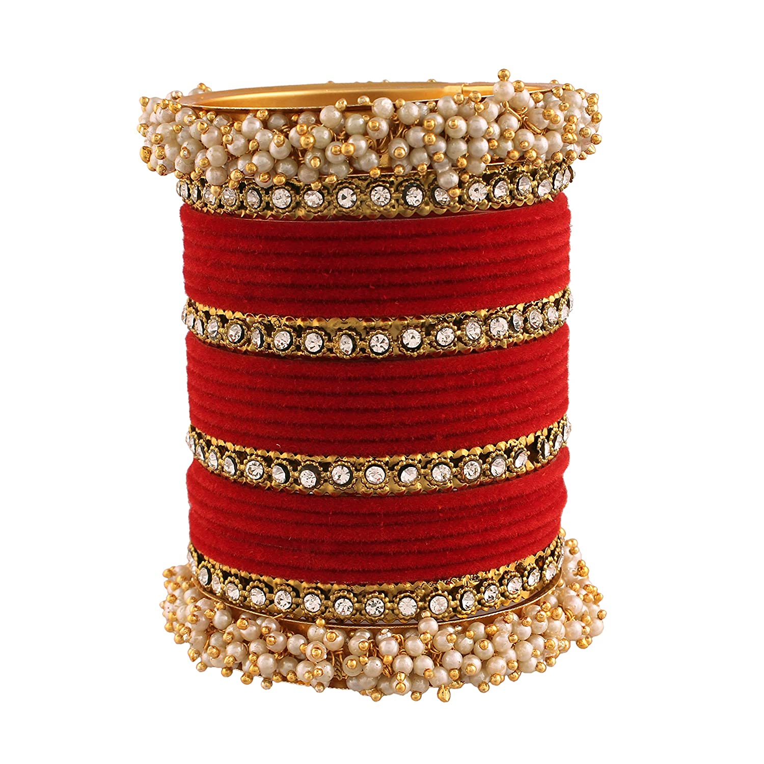 Gold-Plated Alloy Red Velvet Bangle Set With Pearl Bangle - The Pari - Distacart