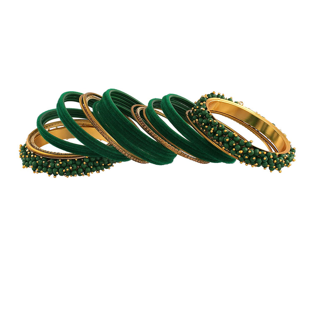 Gold-Plated Alloy Designer Green Velvet Bangle Set - The Pari - Distacart
