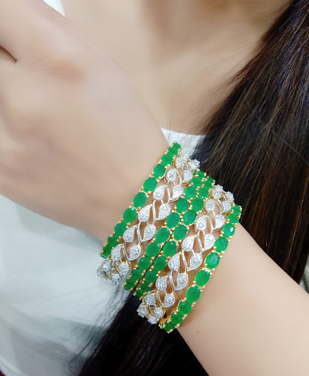Gold-Plated Alloy American Diamond Combo Of Green & Silver Bangles - The Pari - Distacart