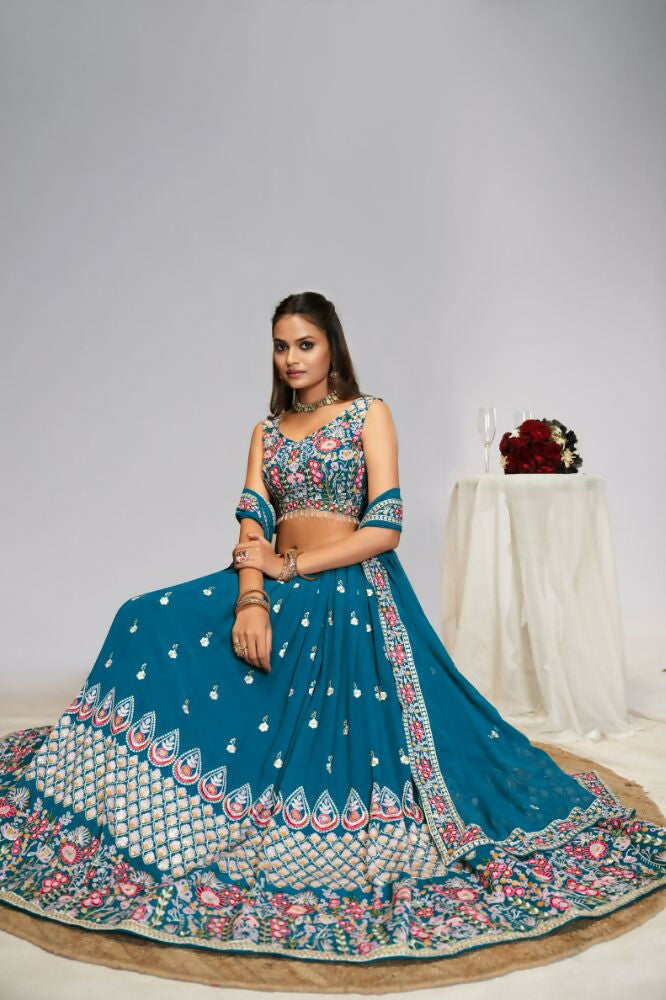Teal Blue Georgette Thread Sequence Embroidery Work Lehnga Choli - Jihu Culture