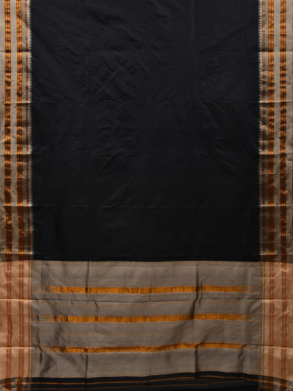 Black and Cream Narayanpet Silk Handloom Plain Saree with Traditional Border Design No Blouse - Global Threads
