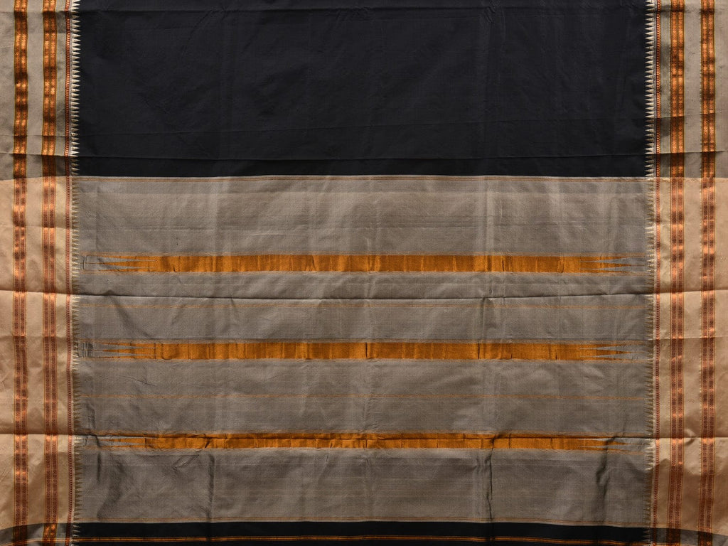 Black and Cream Narayanpet Silk Handloom Plain Saree with Traditional Border Design No Blouse - Global Threads
