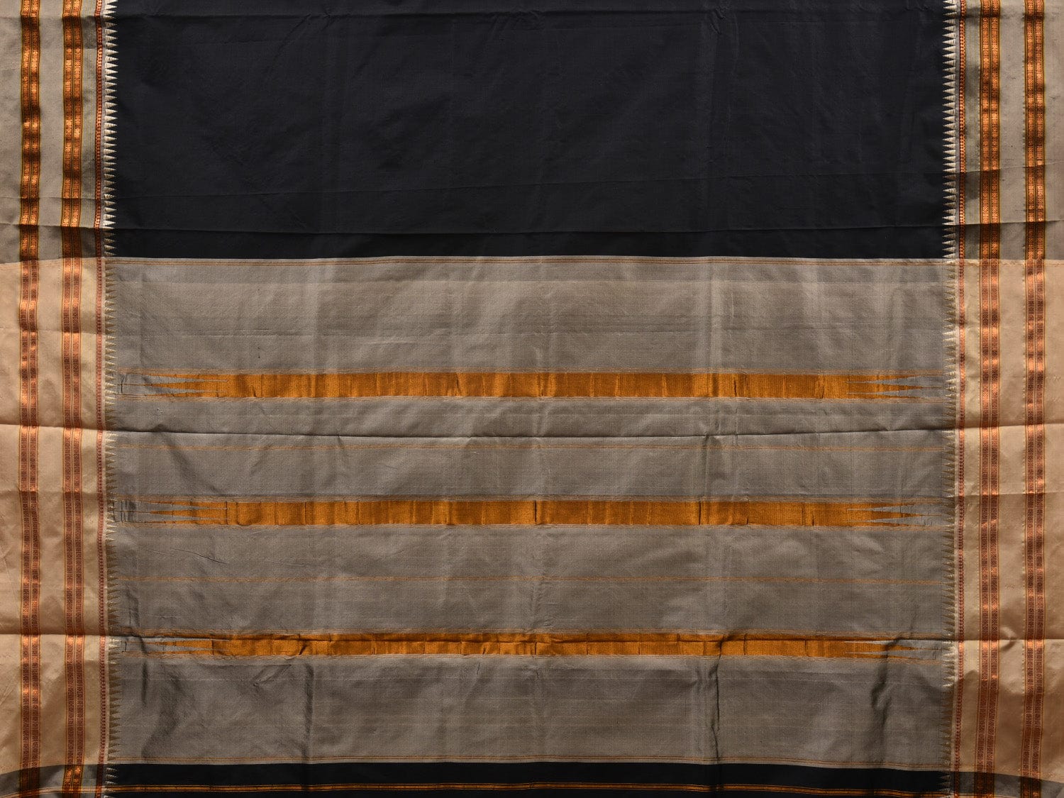 Black and Cream Narayanpet Silk Handloom Plain Saree with Traditional Border Design No Blouse - Global Threads