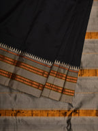 Black and Cream Narayanpet Silk Handloom Plain Saree with Traditional Border Design No Blouse - Global Threads