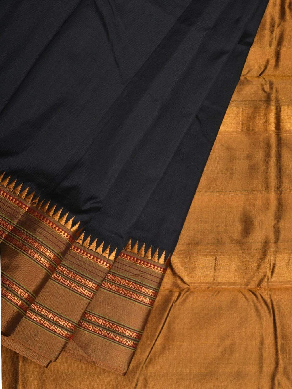 Black and Mustard Narayanpet Silk Handloom Plain Saree with Traditional Border Design No Blouse - Global Threads