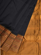Black and Mustard Narayanpet Silk Handloom Plain Saree with Traditional Border Design No Blouse - Global Threads