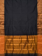 Black and Mustard Narayanpet Silk Handloom Plain Saree with Traditional Border Design No Blouse - Global Threads