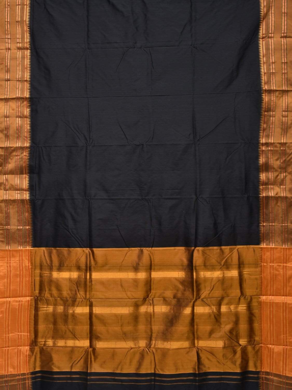Black and Mustard Narayanpet Silk Handloom Plain Saree with Traditional Border Design No Blouse - Global Threads