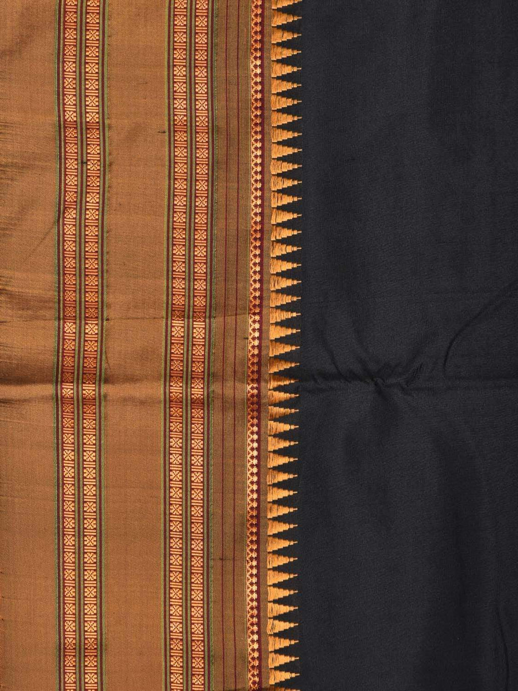 Black and Mustard Narayanpet Silk Handloom Plain Saree with Traditional Border Design No Blouse - Global Threads