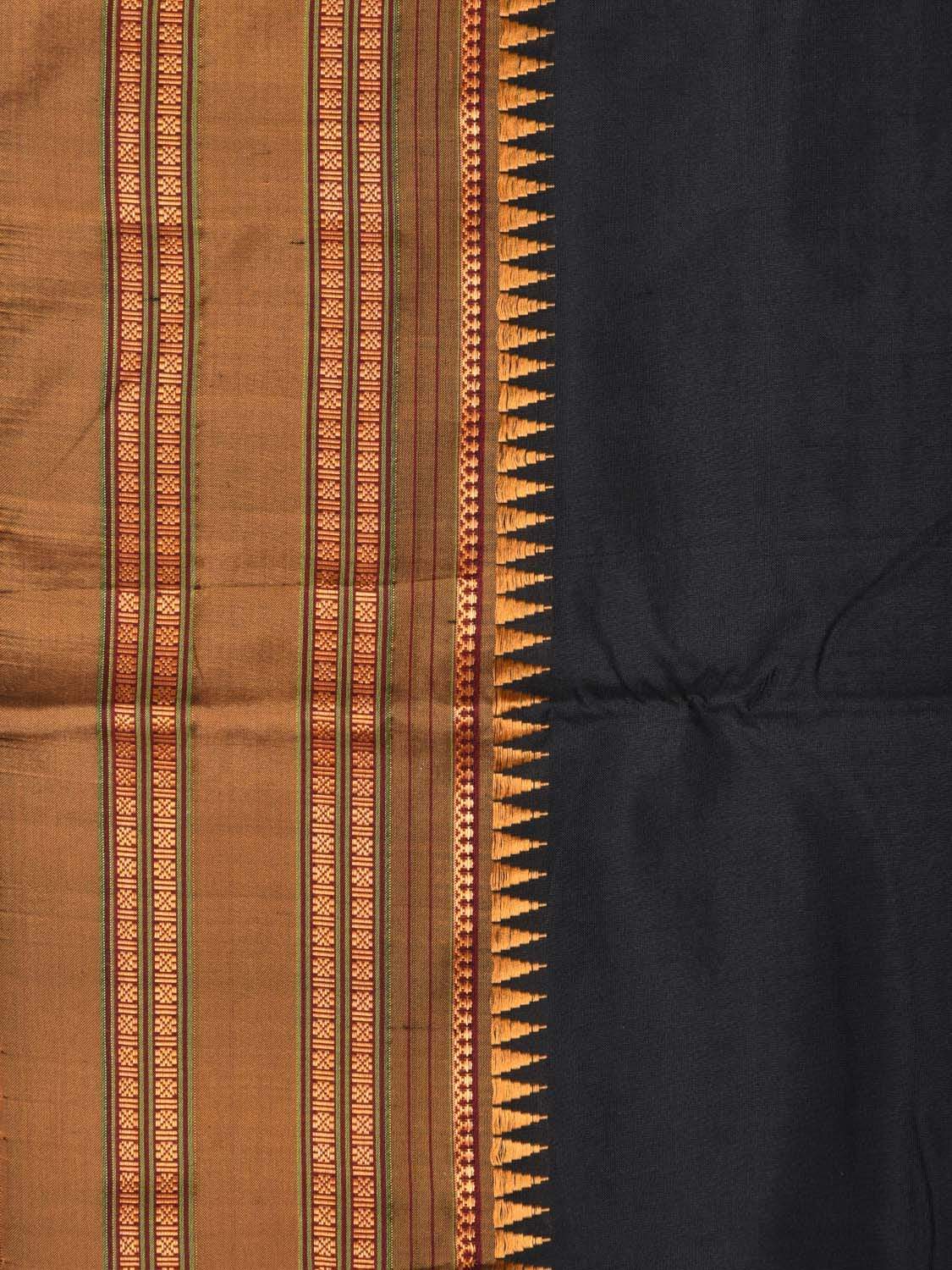 Black and Mustard Narayanpet Silk Handloom Plain Saree with Traditional Border Design No Blouse - Global Threads