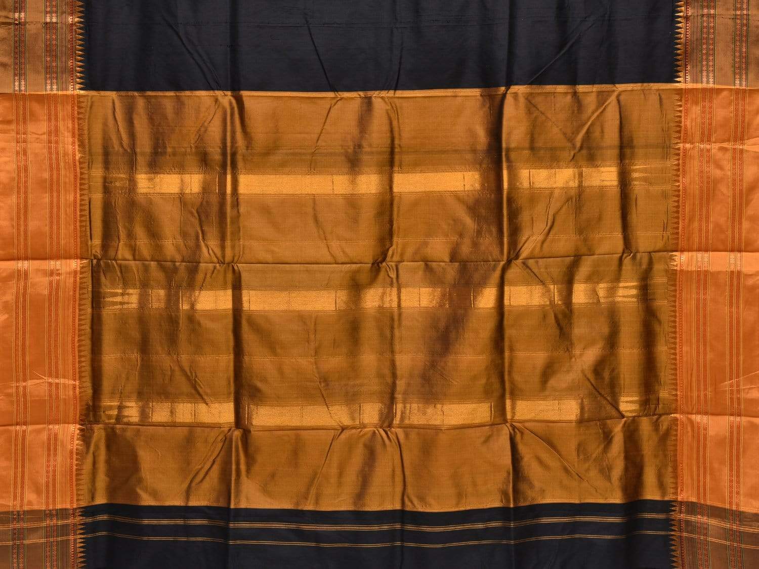Black and Mustard Narayanpet Silk Handloom Plain Saree with Traditional Border Design No Blouse - Global Threads