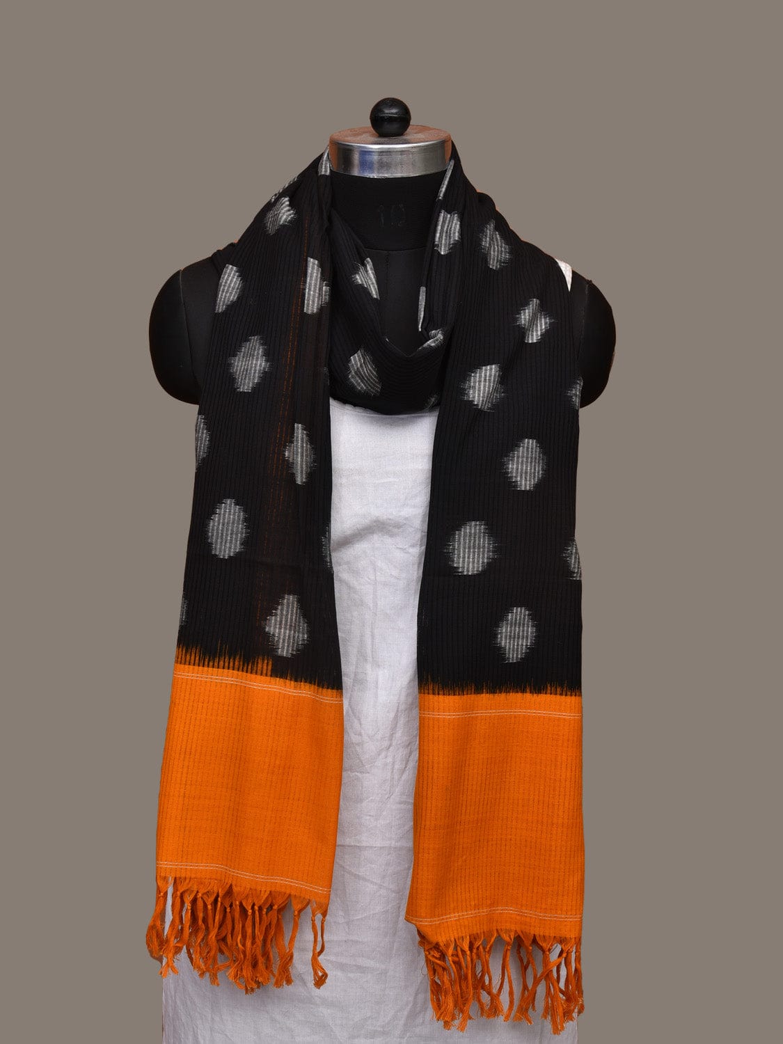 Black and Orange Pochampally Ikat Cotton Handloom Dupatta with Polka Dots Design - Global Threads