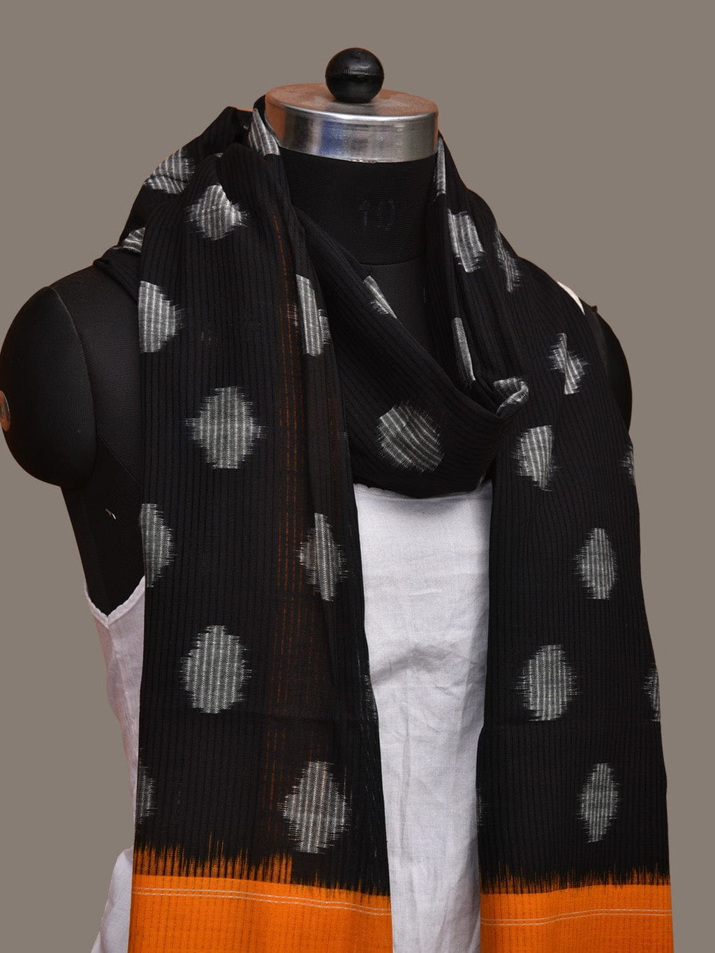 Black and Orange Pochampally Ikat Cotton Handloom Dupatta with Polka Dots Design - Global Threads