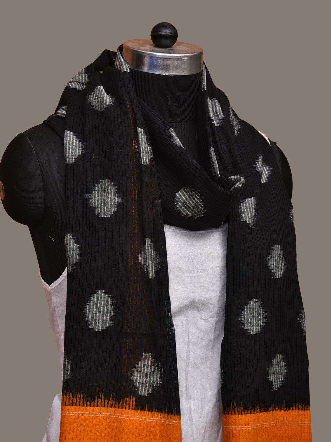 Black and Orange Pochampally Ikat Cotton Handloom Dupatta with Polka Dots Design - Global Threads