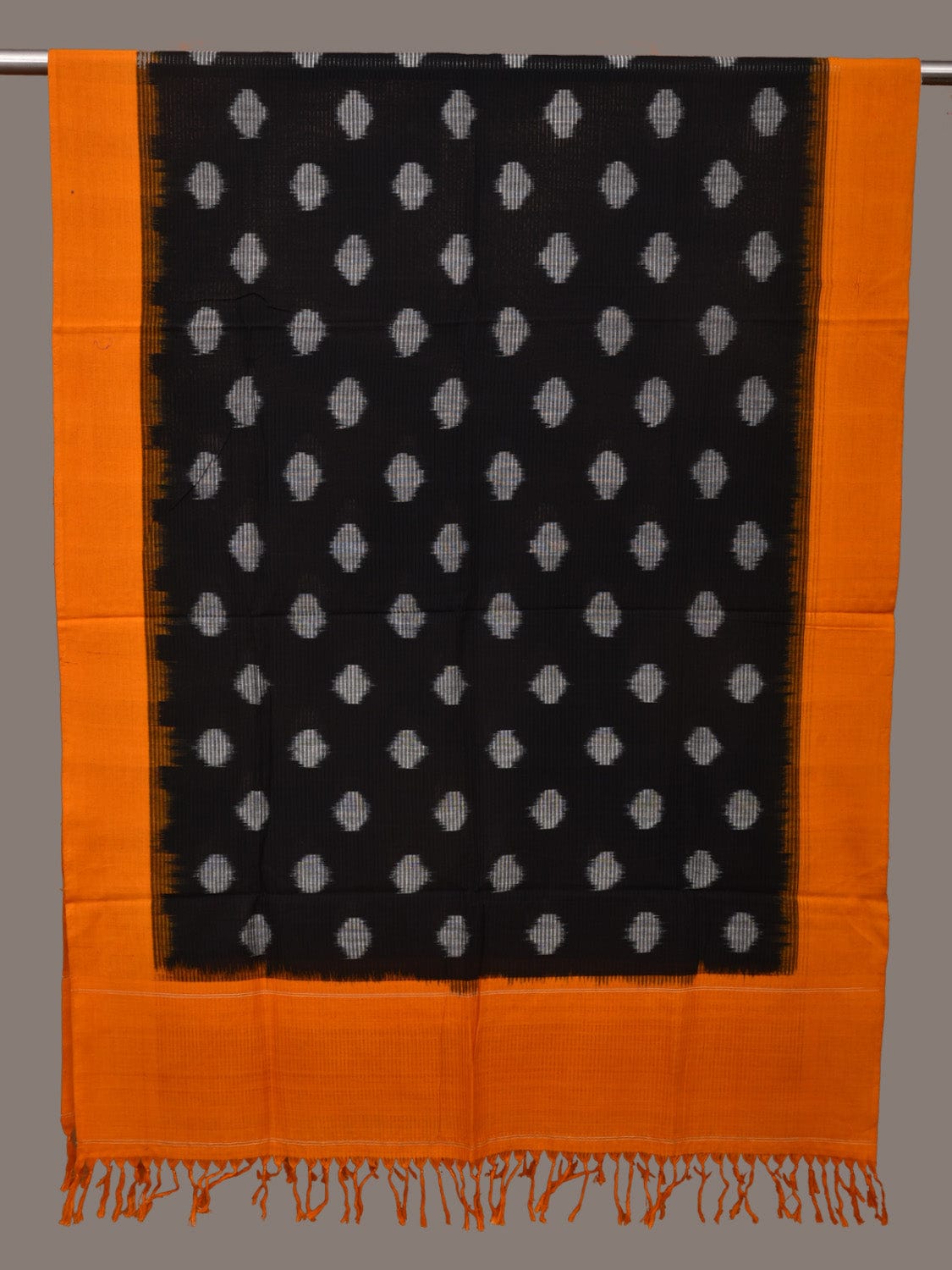 Black and Orange Pochampally Ikat Cotton Handloom Dupatta with Polka Dots Design - Global Threads