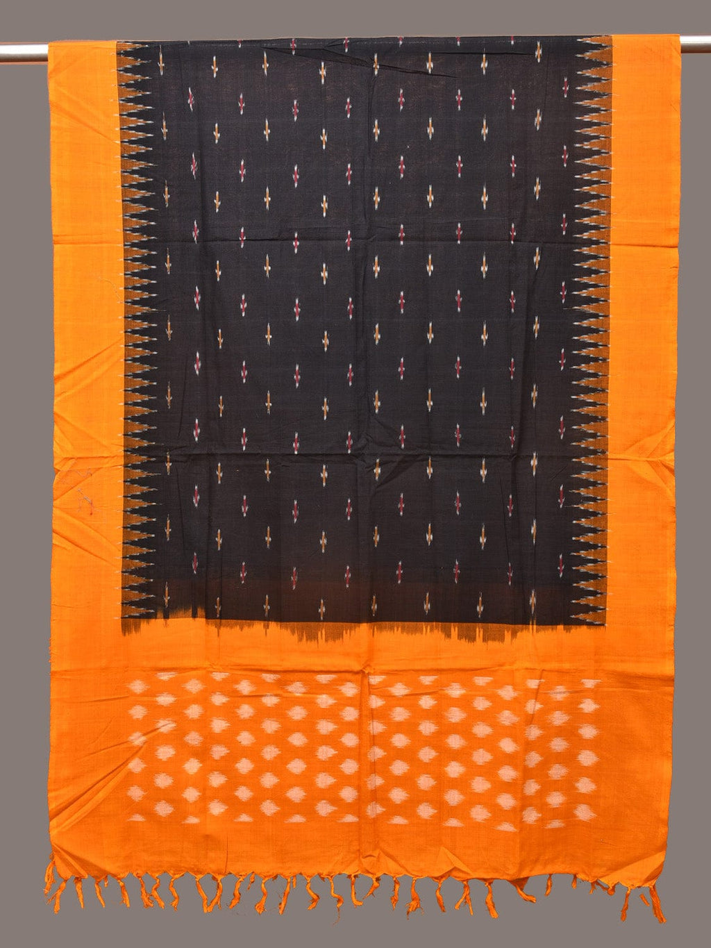 Black and Orange Pochampally Ikat Cotton Handloom Dupatta with Temple Border Design - Global Threads