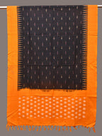 Black and Orange Pochampally Ikat Cotton Handloom Dupatta with Temple Border Design - Global Threads
