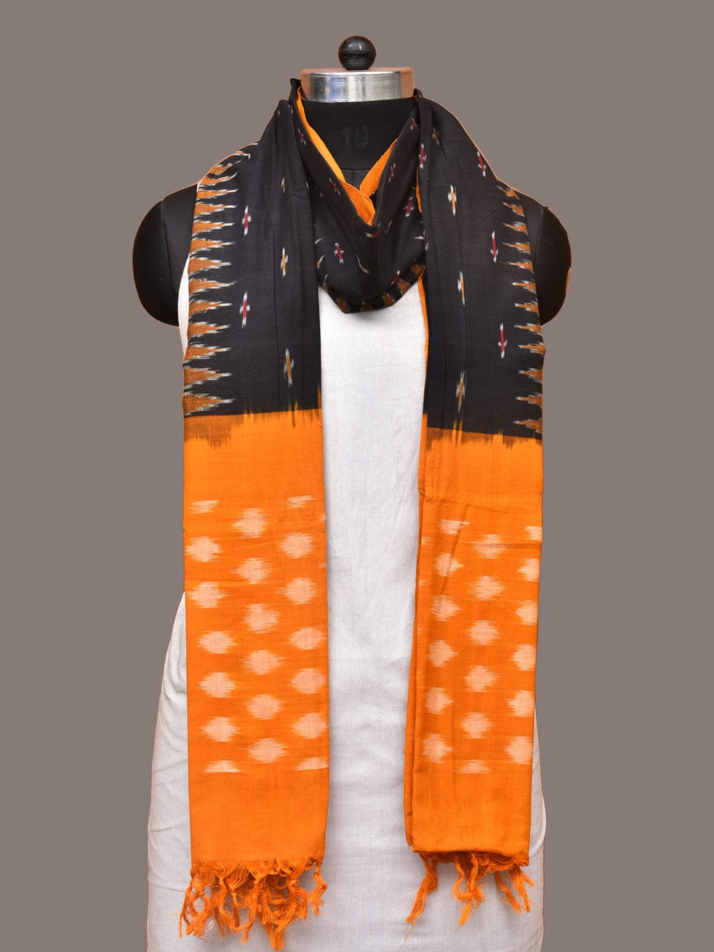 Black and Orange Pochampally Ikat Cotton Handloom Dupatta with Temple Border Design - Global Threads