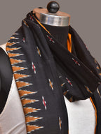 Black and Orange Pochampally Ikat Cotton Handloom Dupatta with Temple Border Design - Global Threads