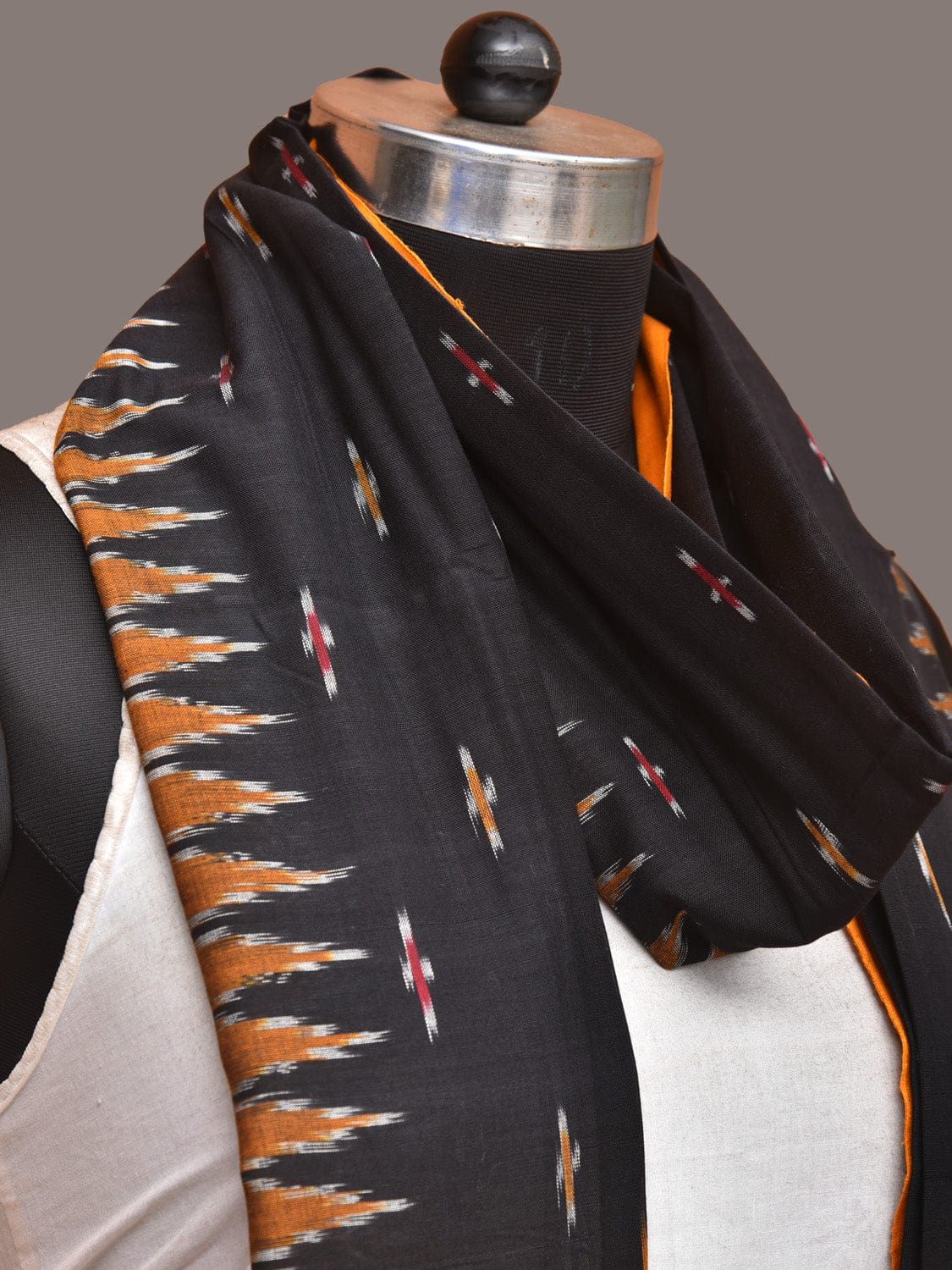 Black and Orange Pochampally Ikat Cotton Handloom Dupatta with Temple Border Design - Global Threads