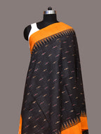Black and Orange Pochampally Ikat Cotton Handloom Dupatta with Temple Border Design - Global Threads