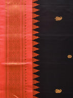Black and Peach Gadwal Silk Handloom Saree with Mango Pallu and Border Design - Global Threads