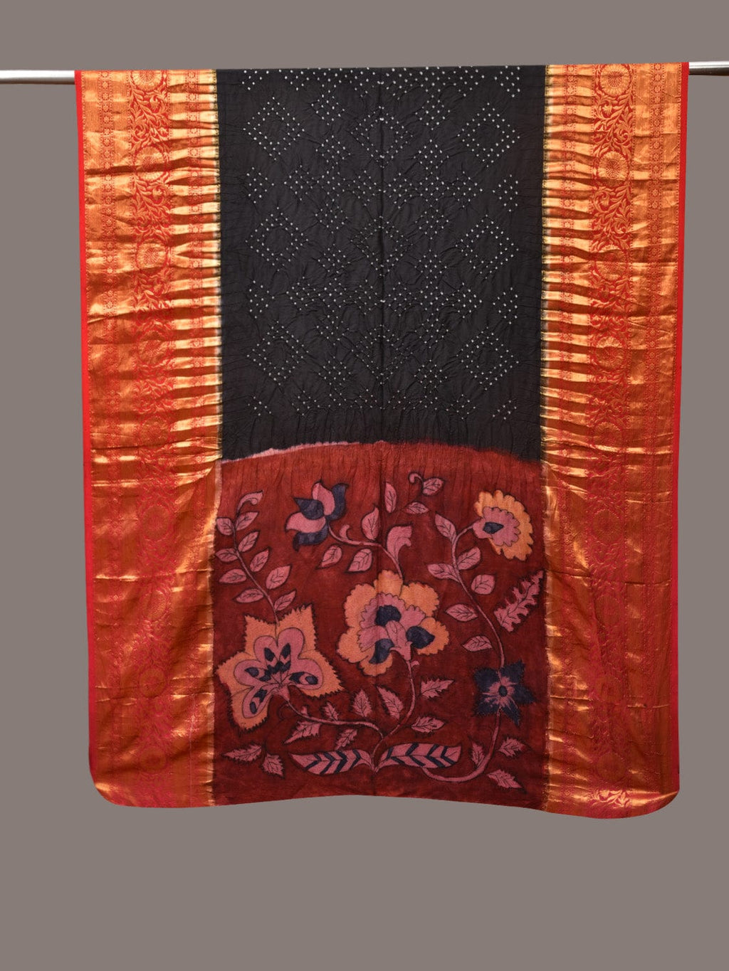 Black and Red Bandhani Kanchipuram Silk Handloom Dupatta with Kalamkari Design - Global Threads