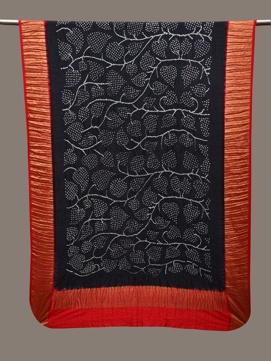 Black and Red Bandhani Kanchipuram Silk Handloom Dupatta with Leaves Design - Global Threads