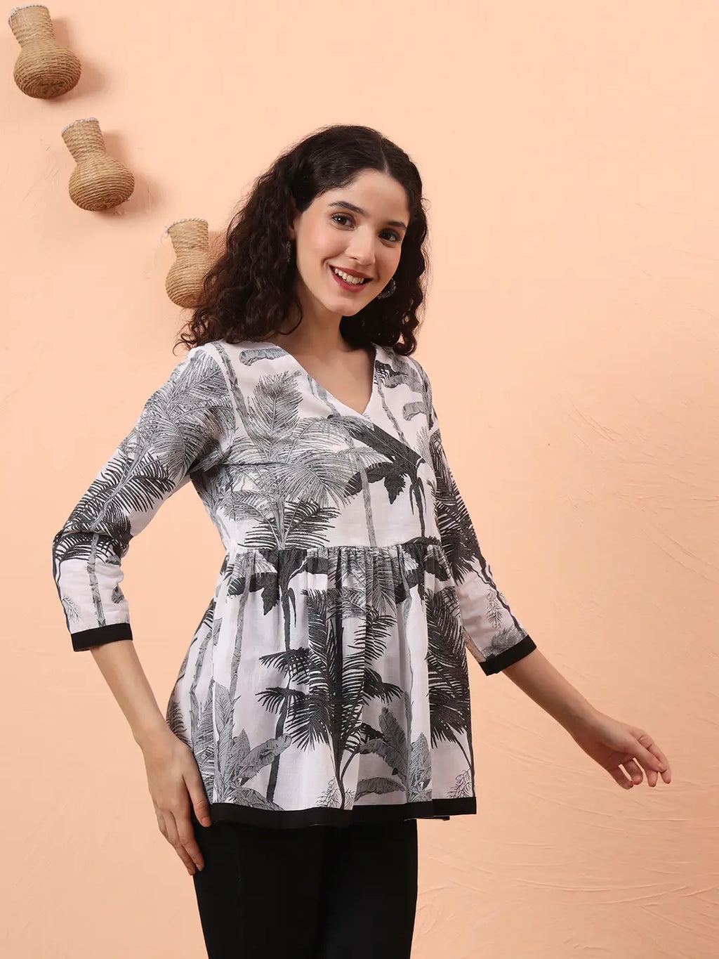 Yufta Black And White Cotton Gathered Or Pleated Angrakha Top
